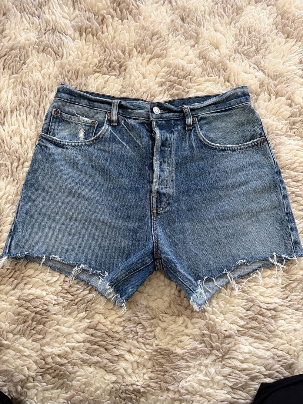 Agolde Riley Classic High-Rise Distressed Denim Shorts - Blue